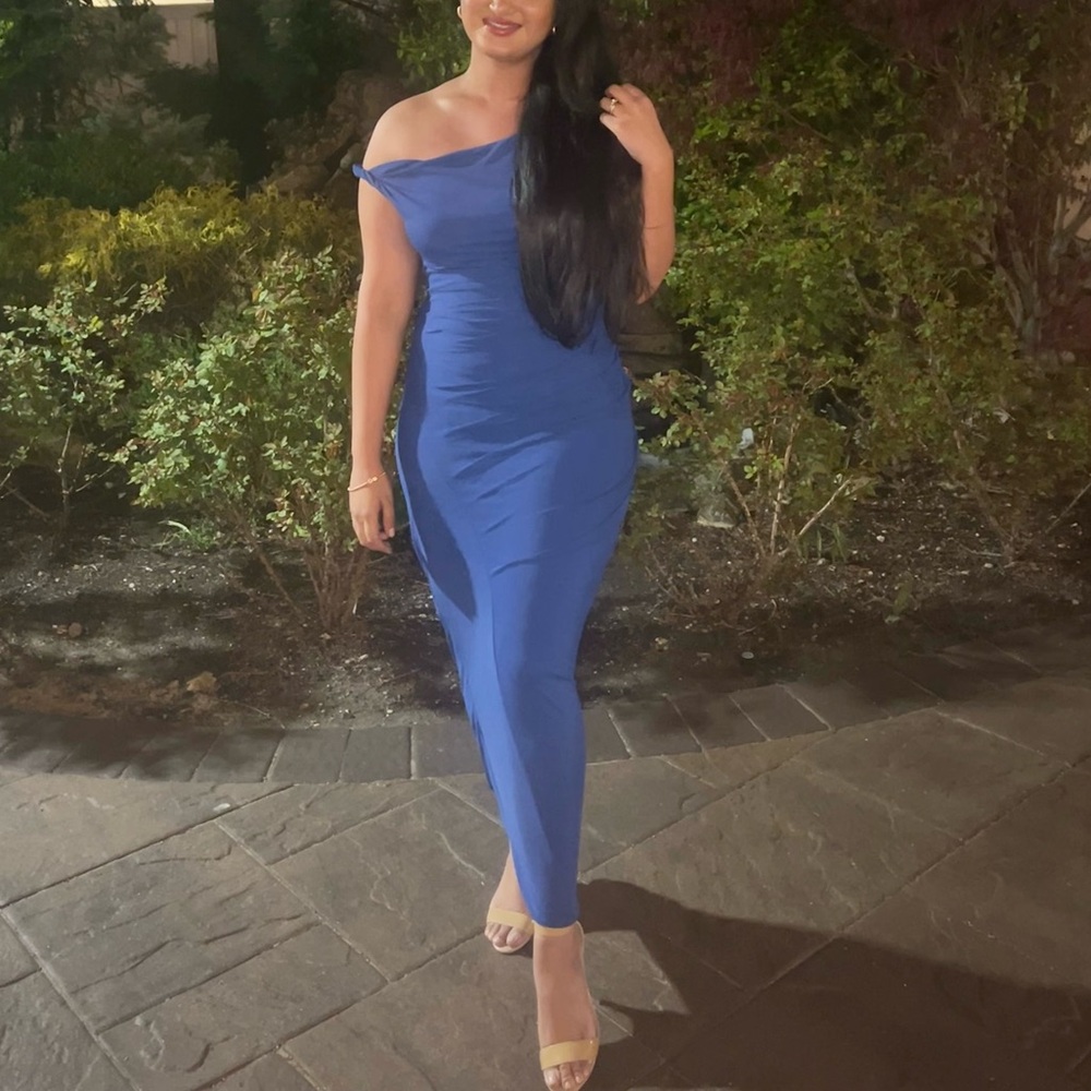 ASOS DESIGN twist one shoulder mesh midi dress in cobalt blue | Size Small